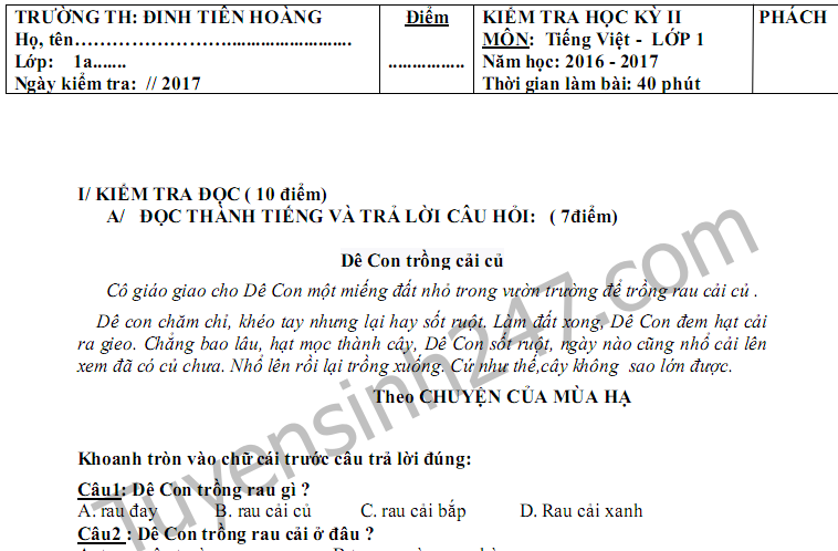 Đề thi học kì 2 lớp 1 môn Tiếng Việt 2017 - TH Đinh Tiên Hoàng 
