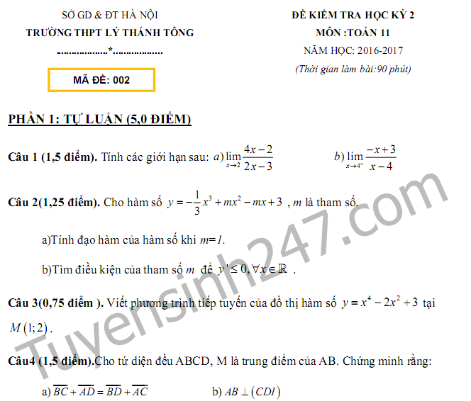 Đề thi học kì 2 lớp 11 môn Toán 2017 - THPT Lý Thánh Tông