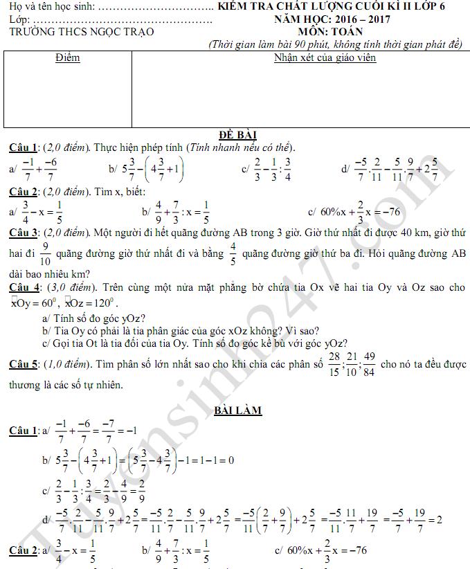 Đề thi học kì 2 lớp 6 môn Toán 2017 - THCS Ngọc Trạo