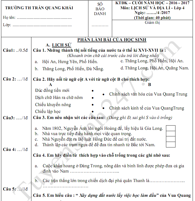 Đề thi học kì 2 lớp 4 môn Tiếng Việt - TH Trần Quang Khải 2017