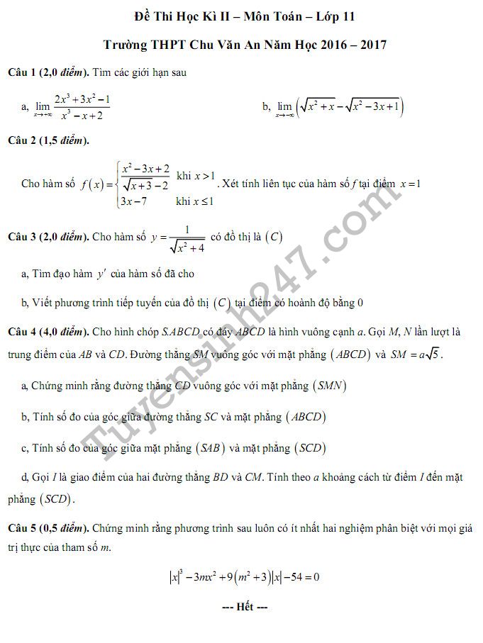 Đề thi học kì 2 lớp 11 môn Toán 2017 THPT Chu Văn An