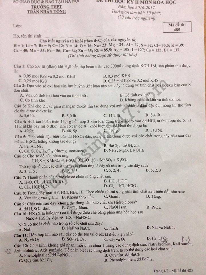 Đề thi học kì 2 lớp 10 môn Hóa 2017 – THPT Trần Nhân Tông