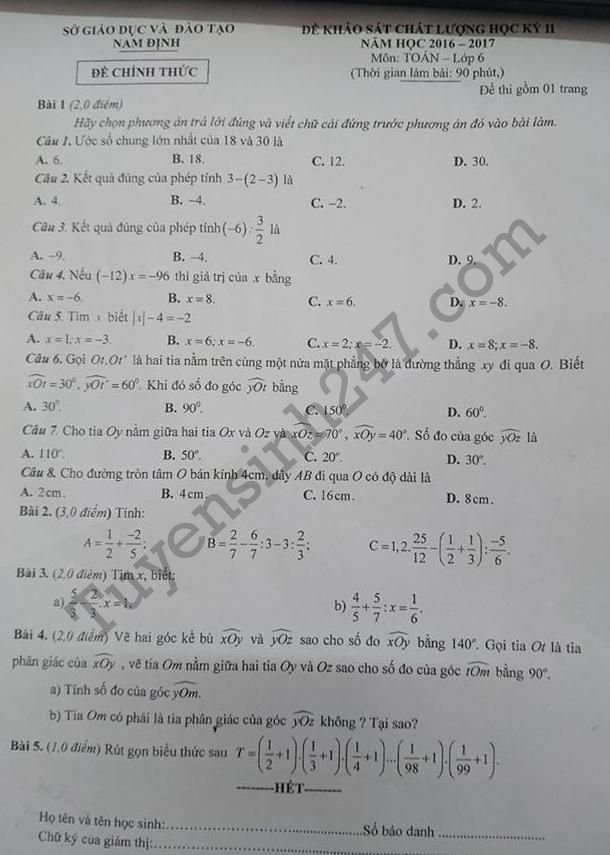 Đề thi học kì 2 môn Toán lớp 6 – Sở GD Nam Định 2017