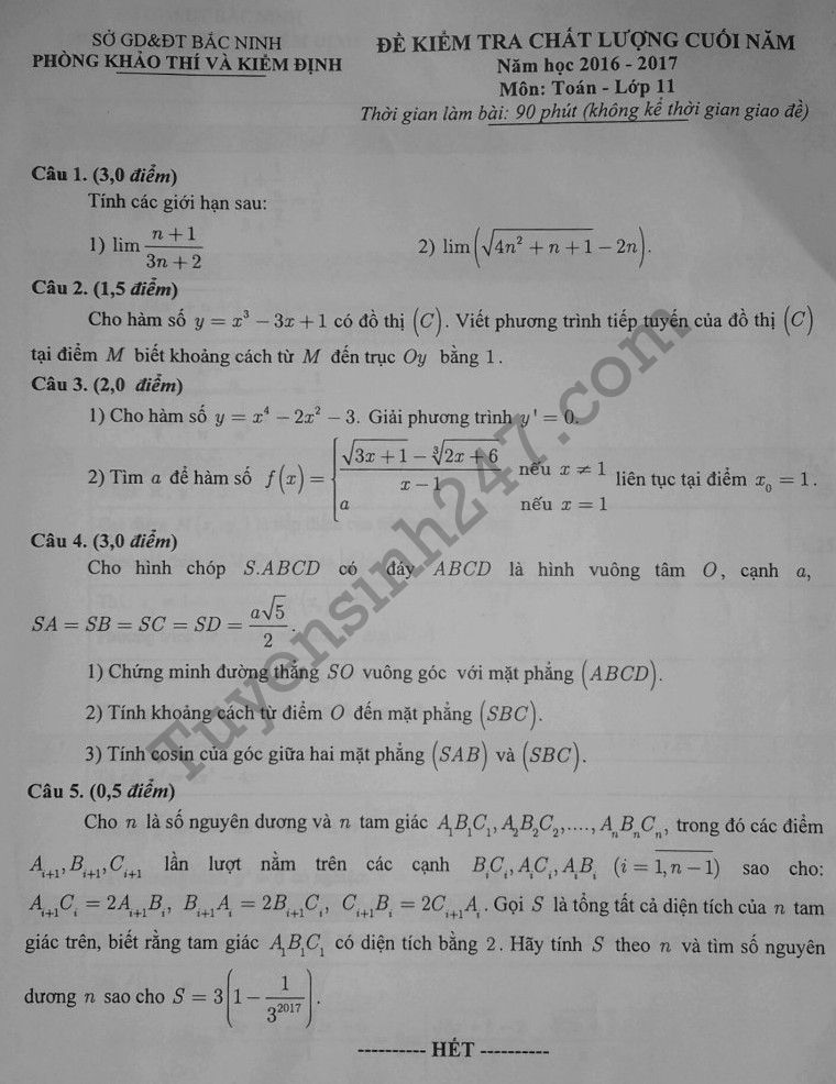 Đề thi học kì 2 môn Toán lớp 11 - Sở GD Bắc Ninh 2017 có đáp án