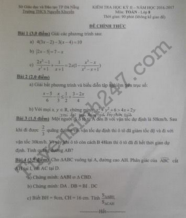 Đề thi học kì 2 lớp 8 môn Toán 2017 - THCS Nguyễn Khuyến