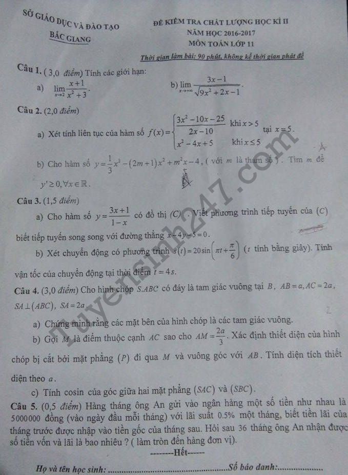 Đề thi học kì 2 lớp 11 môn Toán 2017 – Sở GD Bắc Giang