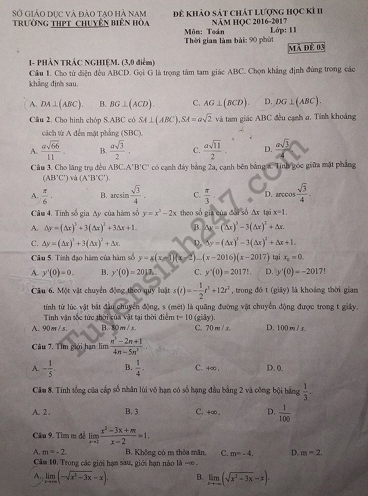 Đề thi học kì 2 môn Toán lớp 11 - THPT chuyên Biên Hòa 2017