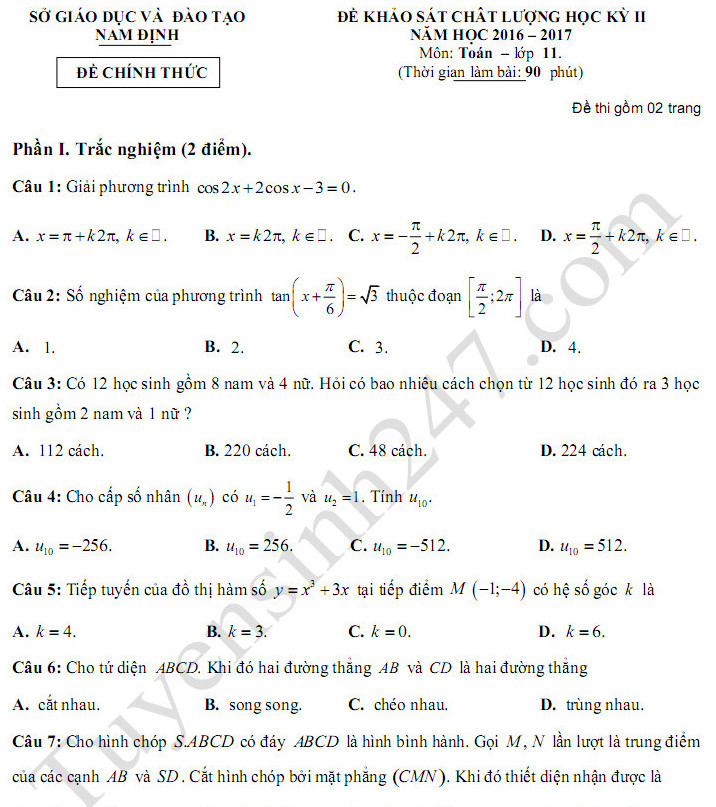 Đề thi học kì 2 môn Toán lớp 11 - Sở GD Nam Định