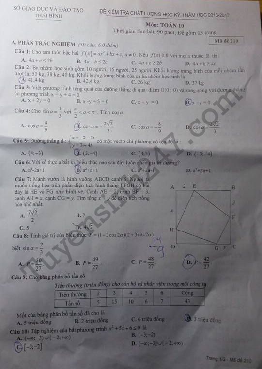 Đề thi học kì 2 môn Toán lớp 10 -  Sở GD Thái Bình 2017