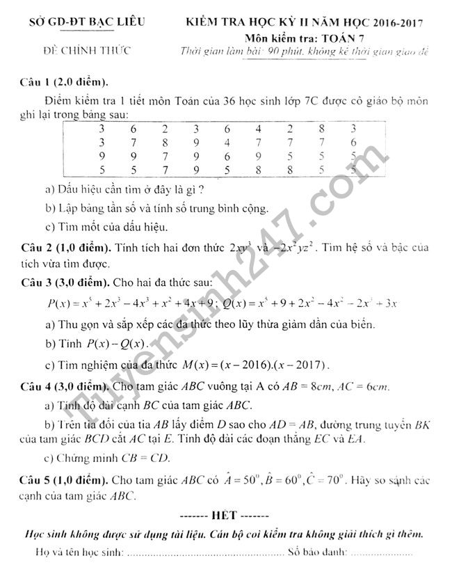Đề thi học kì 2 lớp 7 môn Toán - Sở GD Bạc Liêu 2017