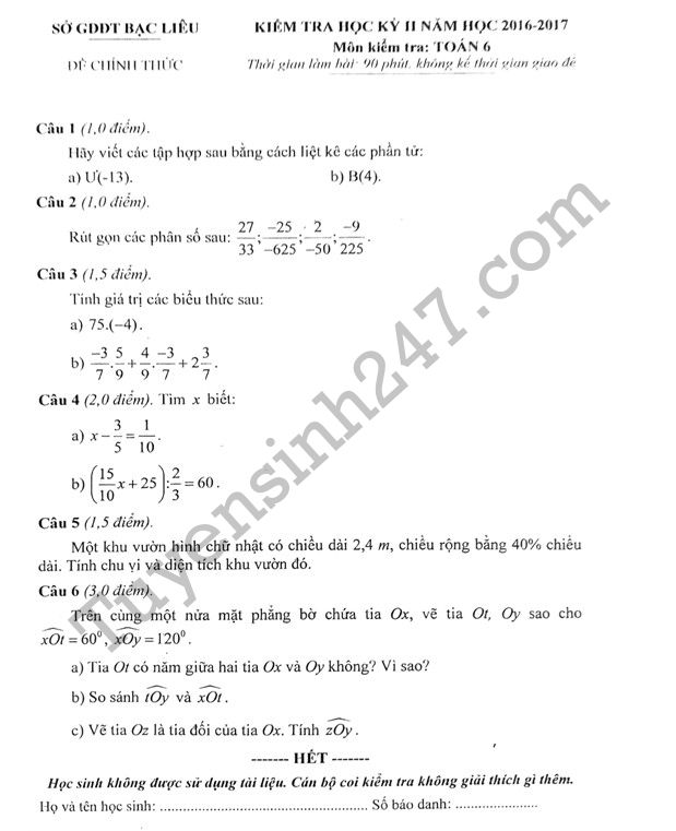 Đề thi học kì 2 lớp 6 môn Toán - Bạc Liêu 2017