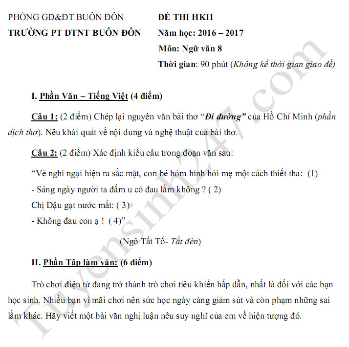 Đề thi học kì 2 môn Văn lớp 8 - Buôn Đôn 2017
