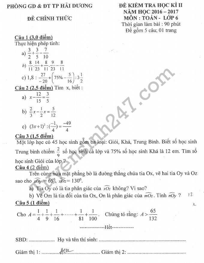 Đề thi học kì 2 môn Toán lớp 6 2017 - Hải Dương