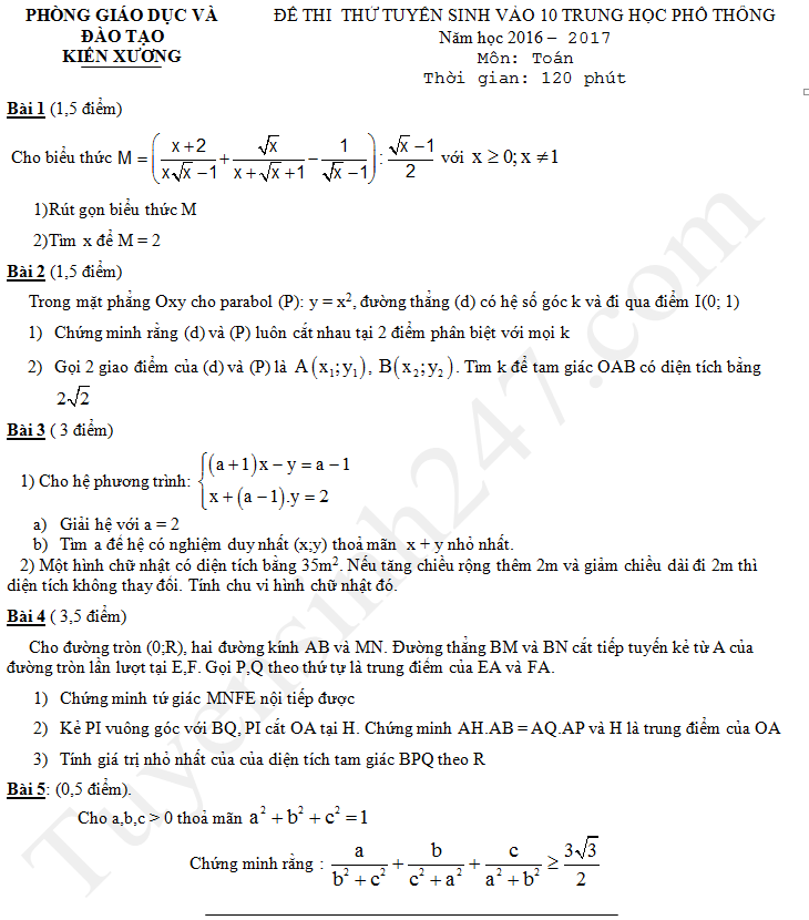 Đề thi thử vào lớp 10 môn Toán - Phòng GD&ĐT Kiến Xương 2017