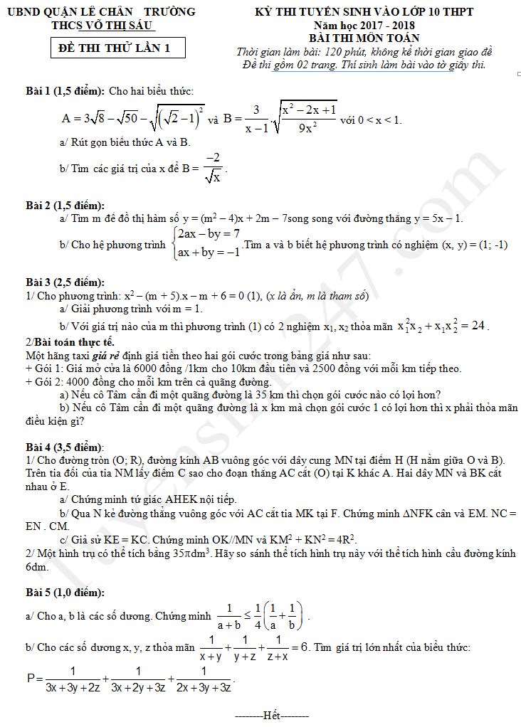 Đề thi thử môn Toán vào lớp 10 trường THCS Võ Thị Sáu 2017