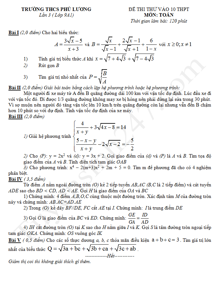 Đề thi thử vào lớp 10 THPT môn Toán - THCS Phú Lương lần 3 năm 2017
