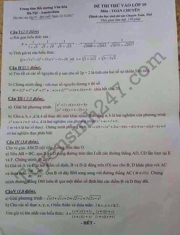 Đề thi thử vào lớp 10 môn Toán trường Amsterdam năm 2017 đợt cuối