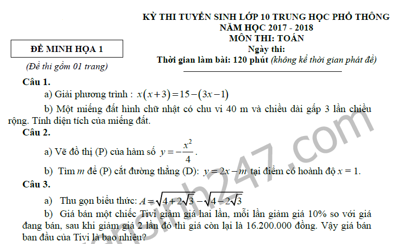 Đề thi thử môn Toán vào lớp 10 THPT năm 2017