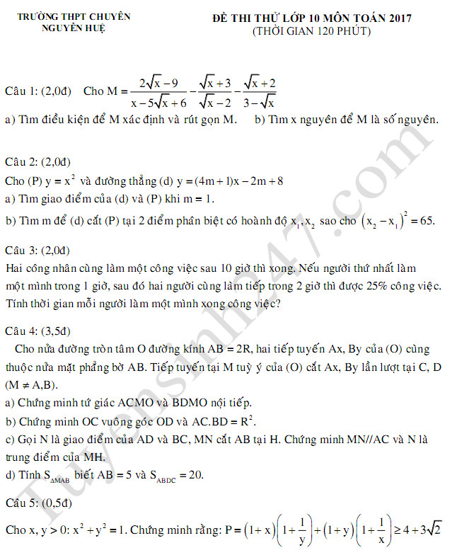 Đề thi thử vào lớp 10 môn Toán THPT Chuyên Nguyễn Huệ 2017