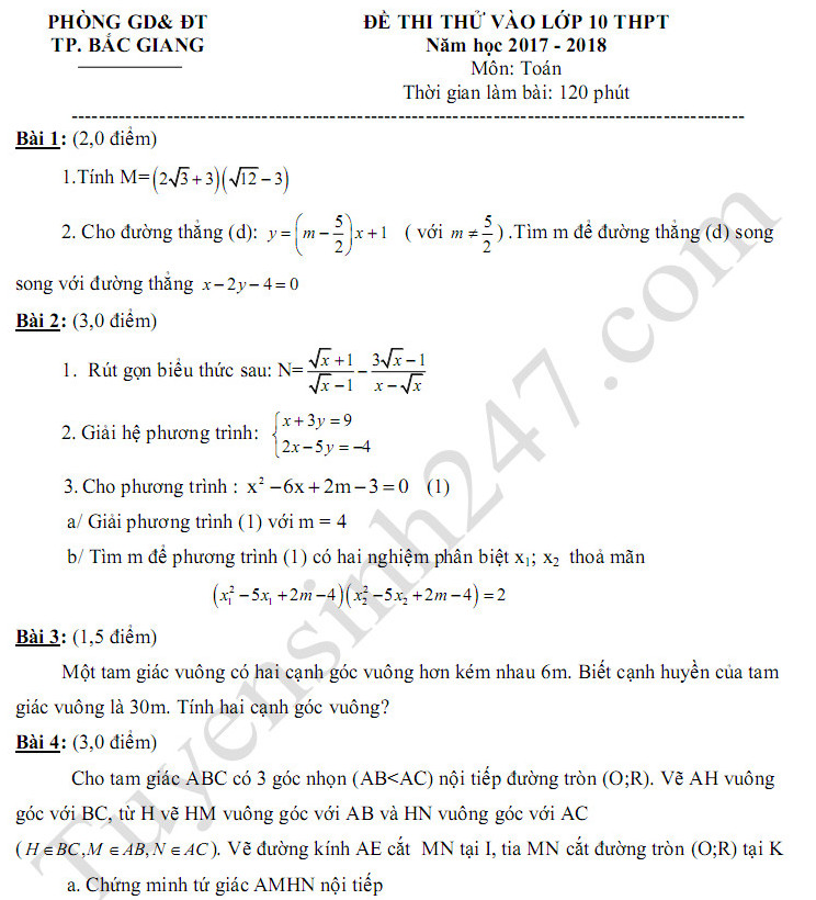 Đề thi thử vào lớp 10 môn Toán tỉnh Bắc Giang năm 2017