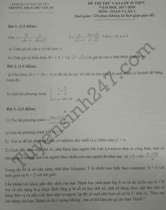 Đề thi thử vào lớp 10 môn Toán – THCS Chu Văn An 2017