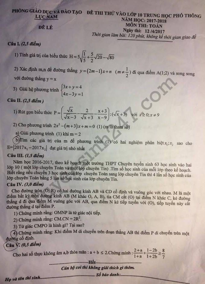 Đề thi thử vào lớp 10 môn Toán năm 2017 của Phòng GD&ĐT Lục Nam