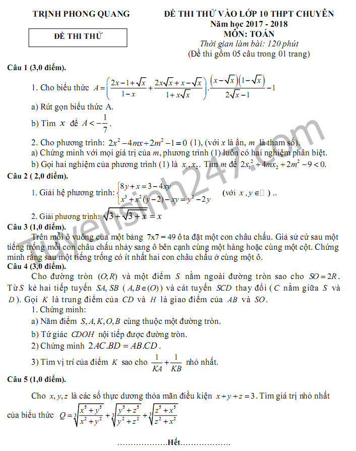 Đề thi thử vào lớp 10 THPT Chuyên môn Toán - Trịnh Phong Quang năm 2017 