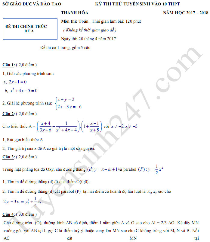 Đề thi thử vào lớp 10 môn Toán - Sở GD Thanh Hóa 2017