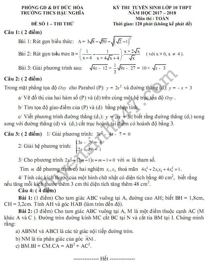 Đề thi thử vào lớp 10 môn Toán - THCS Hậu Nghĩa năm 2017