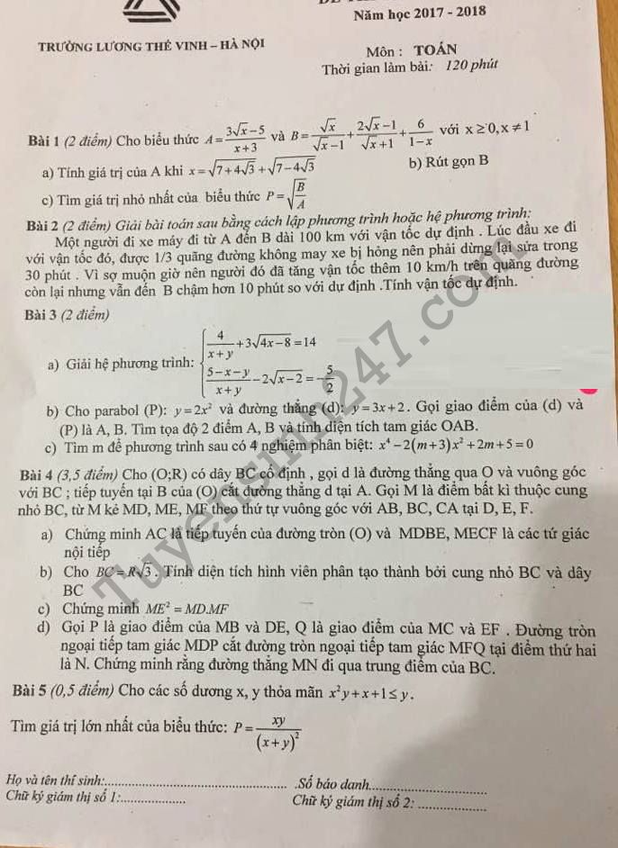 Đề thi thử vào lớp 10 năm 2017 môn Toán THPT Lương Thế Vinh