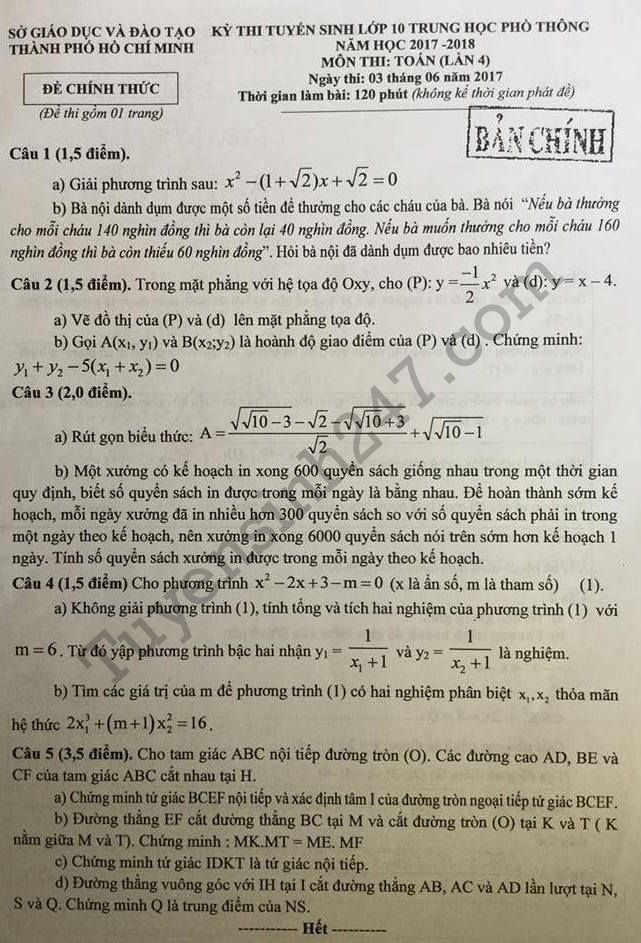Đề thi thử vào lớp 10 môn Toán - TPHCM lần 4 năm 2017