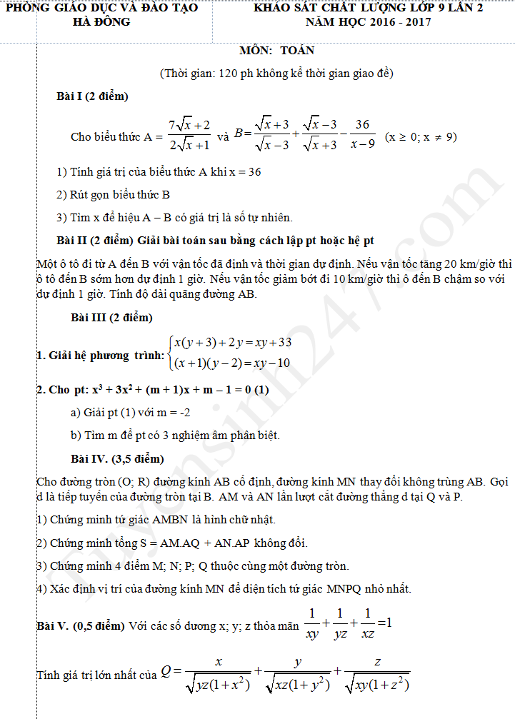 Đề thi thử vào lớp 10 môn Toán - Phòng GD&ĐT Hà Đông năm 2017