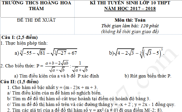 Đề thi thử vào lớp 10 THPT môn Toán trường THCS Hoàng Hoa Thám 2017