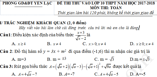 Đề thi thử vào lớp 10 môn Toán - Phòng GD&ĐT Yên Lạc 2017