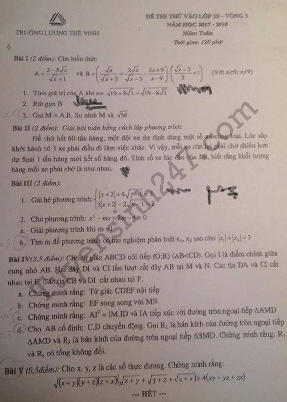 Đề thi thử vào lớp 10 môn Toán - THPT Lương Thế Vinh 2017 lần 3