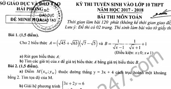 Đề thi thử môn Toán vào 10 năm 2017- TP Hải Phòng