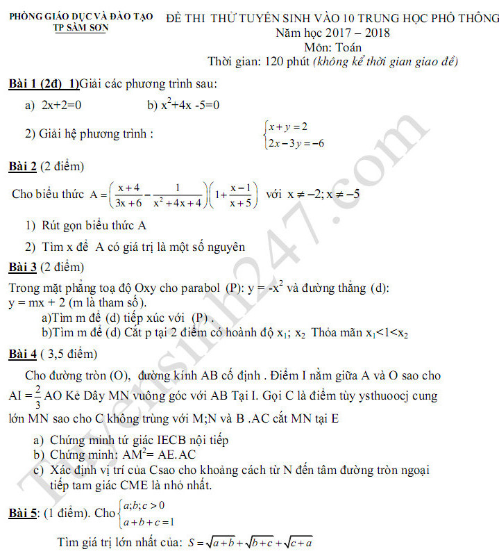 Đề thi thử vào lớp 10 môn Toán năm 2017- Phòng GD Sầm Sơn