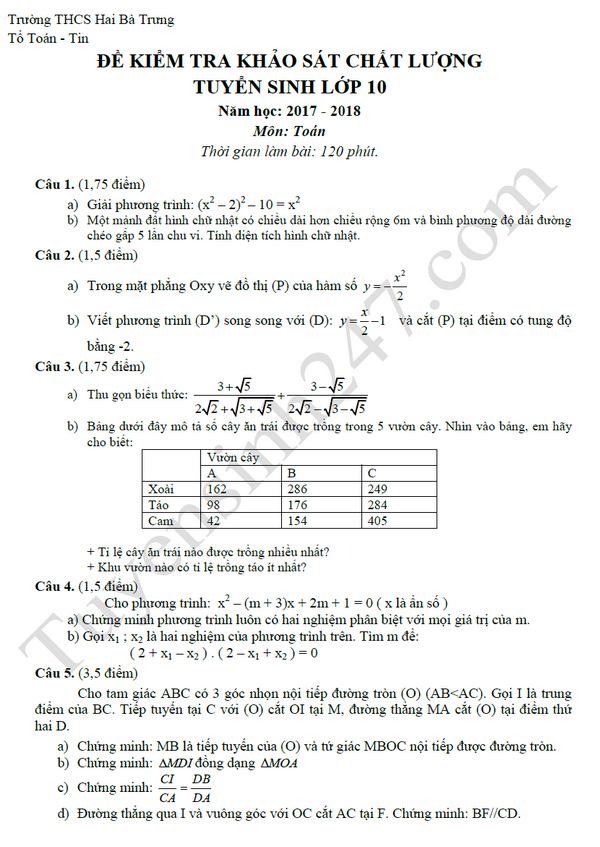 Đề thi thử môn Toán vào lớp 10 năm 2017- THCS Hai Bà Trưng