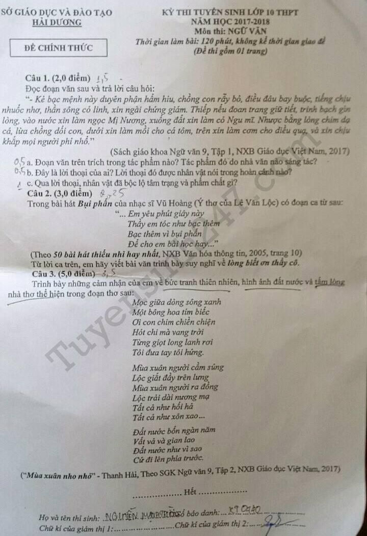 Đề thi vào lớp 10 môn Văn 2017 - Hải Dương