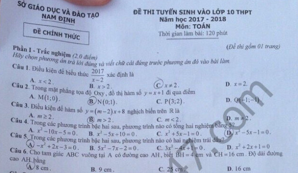 Đáp án đề thi môn Toán vào lớp 10 năm 2017 - tỉnh Nam Định