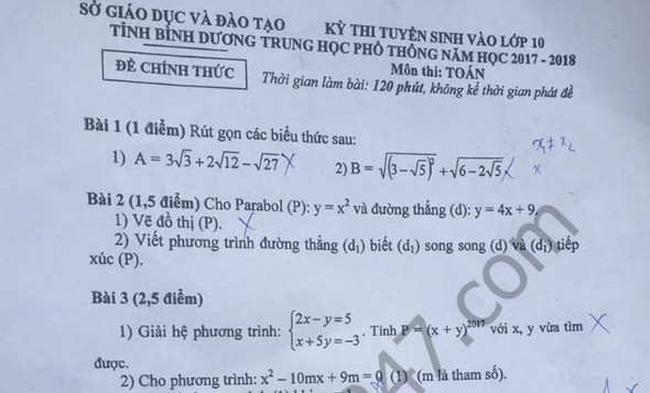 Đáp án đề thi môn Toán vào lớp 10 tỉnh Bình Dương 2017 - 2018