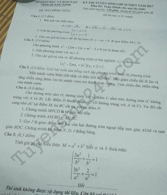 Đề thi vào lớp 10 môn Toán 2017 - tỉnh Quảng Ninh