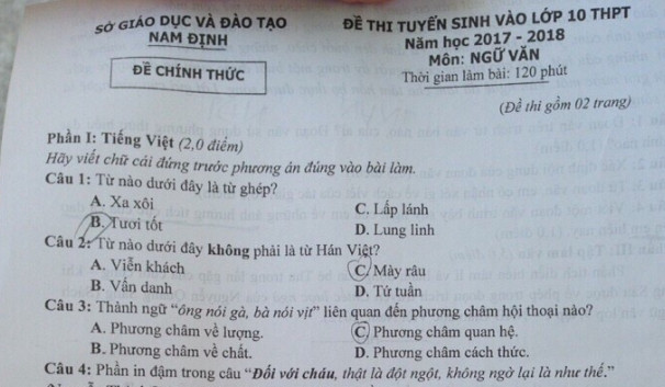 Đáp án đề thi môn Văn vào 10 năm 2017 - tỉnh Nam Định