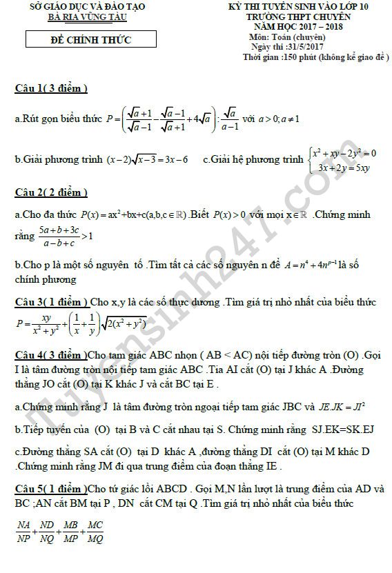 Đề thi vào lớp 10 môn Toán chuyên - Bà Rịa Vũng Tàu năm 2017