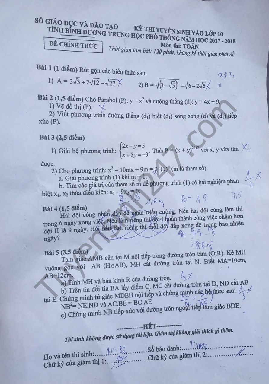 Đáp án đề thi vào lớp 10 môn Toán - tỉnh Bình Dương 2017 