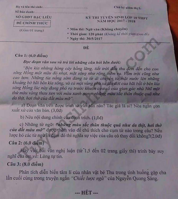 Đề thi vào lớp 10 môn Văn năm 2017 - tỉnh Bạc Liêu