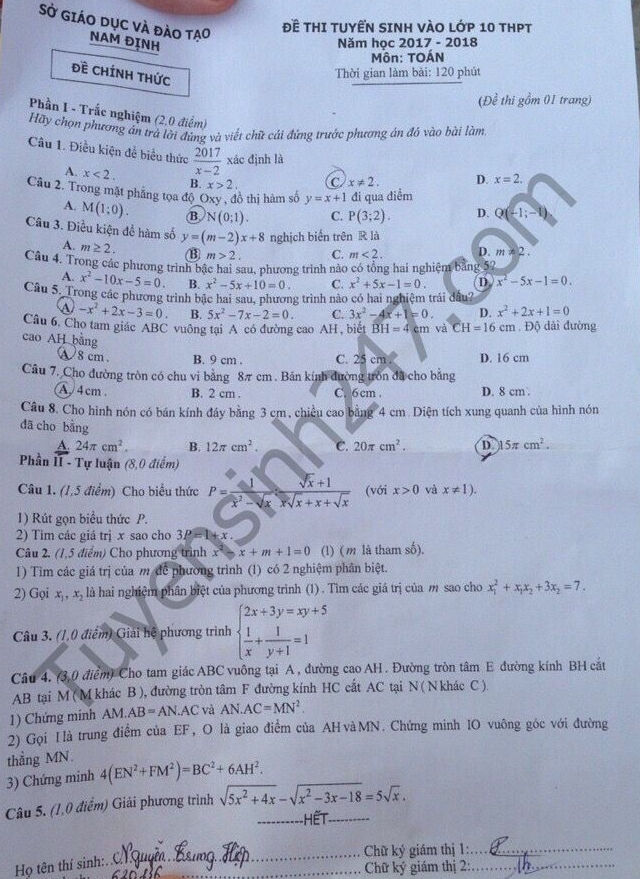 Đáp án đề thi vào lớp 10 môn Toán  - tỉnh Nam Định 2017