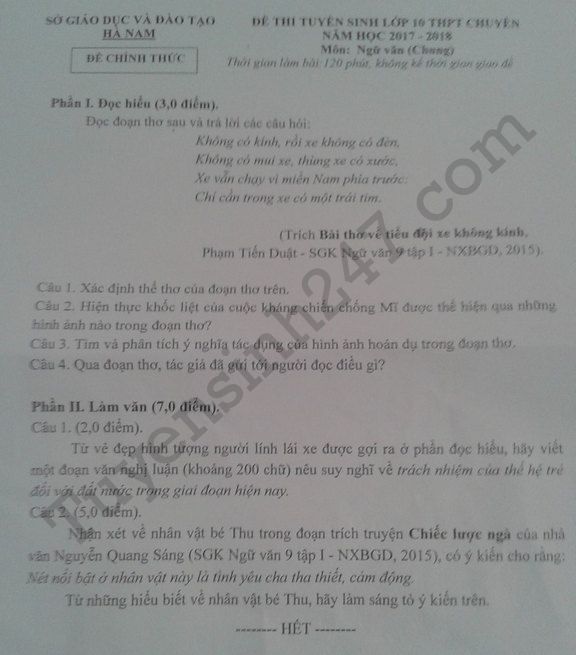 Đề thi vào lớp 10 môn Văn chung năm 2017 - tỉnh Hà Nam
