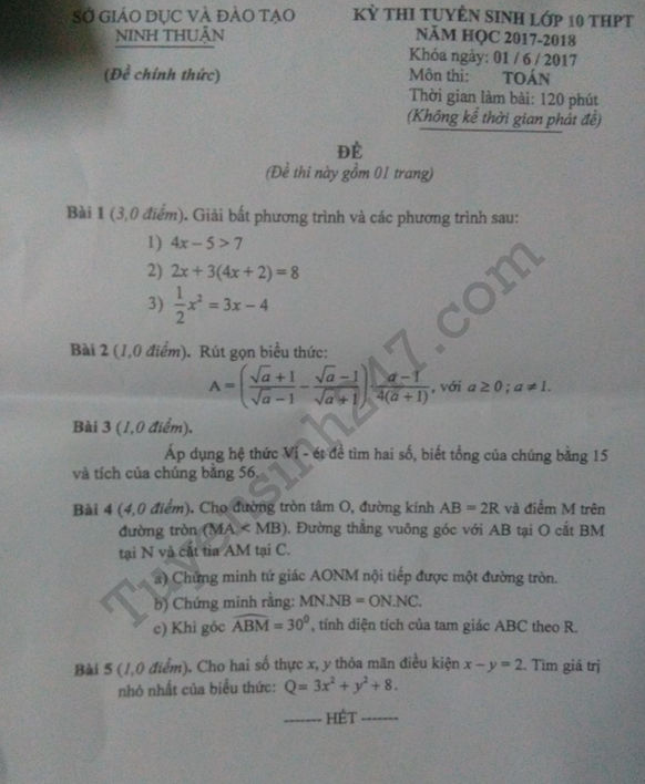 Đề thi vào lớp 10 môn Toán - tỉnh Ninh Thuận năm 2017