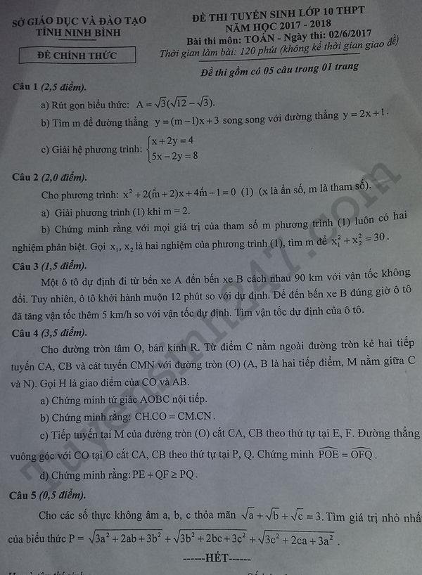 Đề thi vào lớp 10 môn Toán - tỉnh Ninh Bình 2017